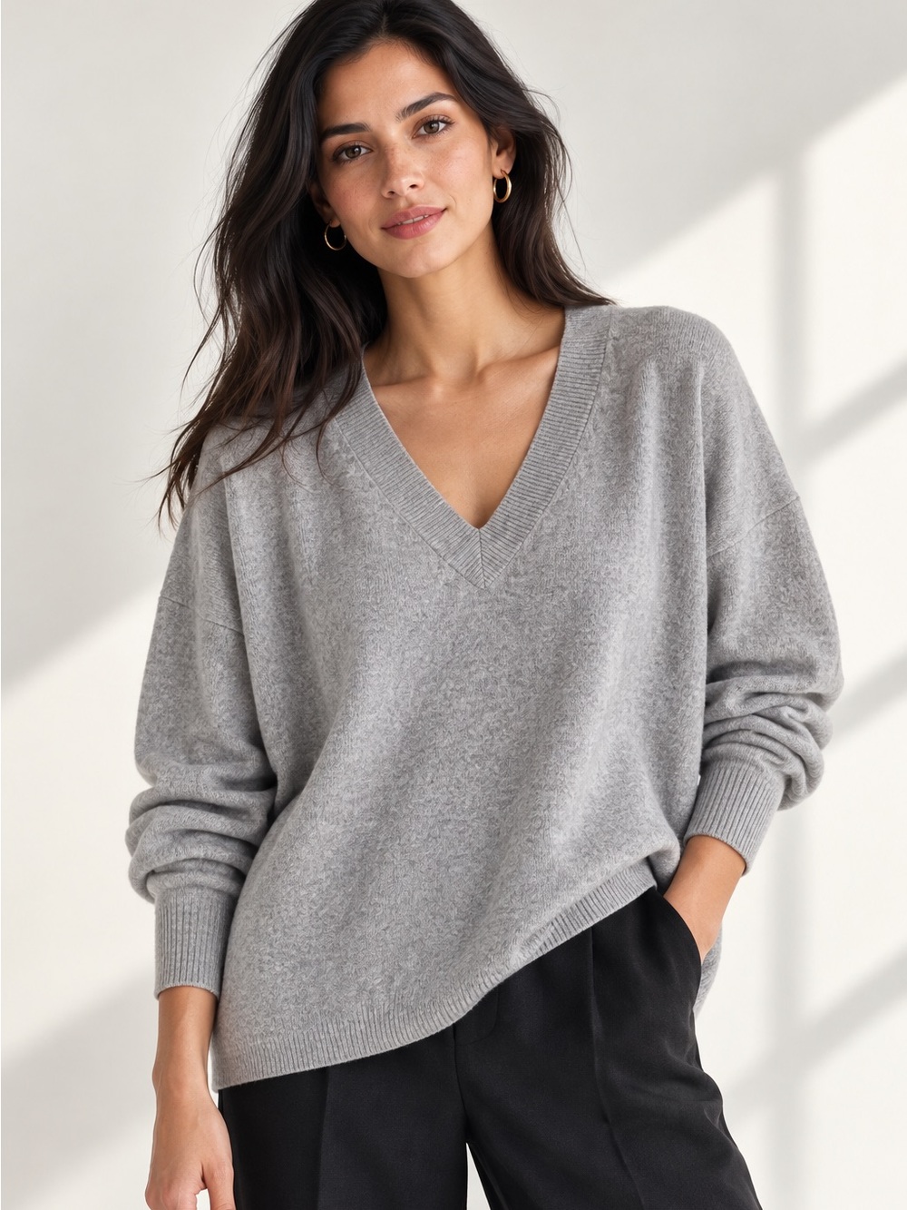 J.Crew 100% Cashmere Oversized V Neck Sweater Gray Lightweight Sz Large